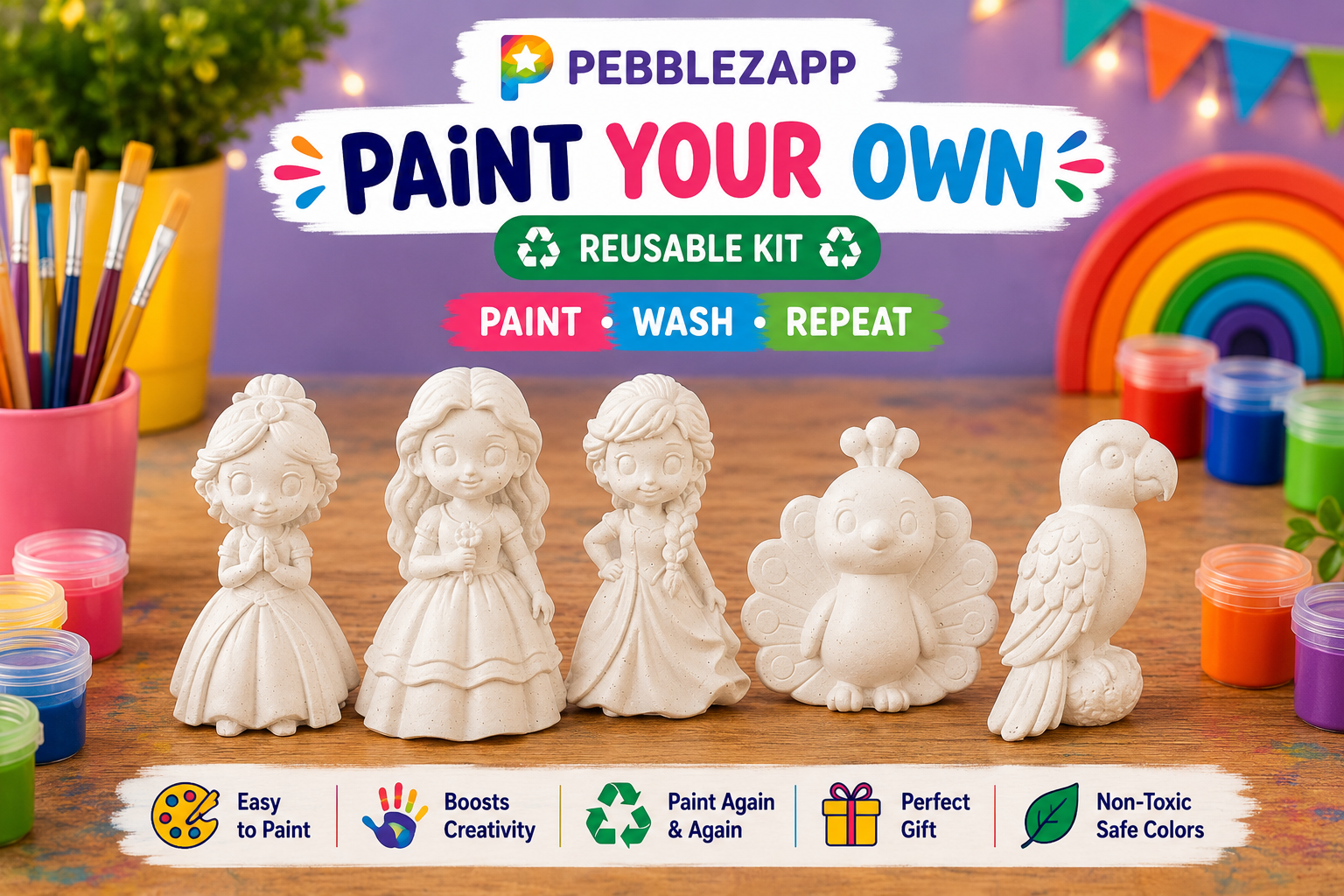 Reusable 3 Princess + 1 Peacock + 1 Parrot Plaster Statue DIY Painting Kit