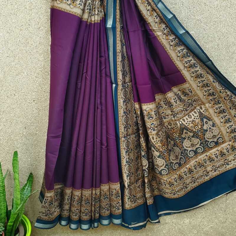 Silk Cotton Plain Body with Block Print Pallu Saree #1