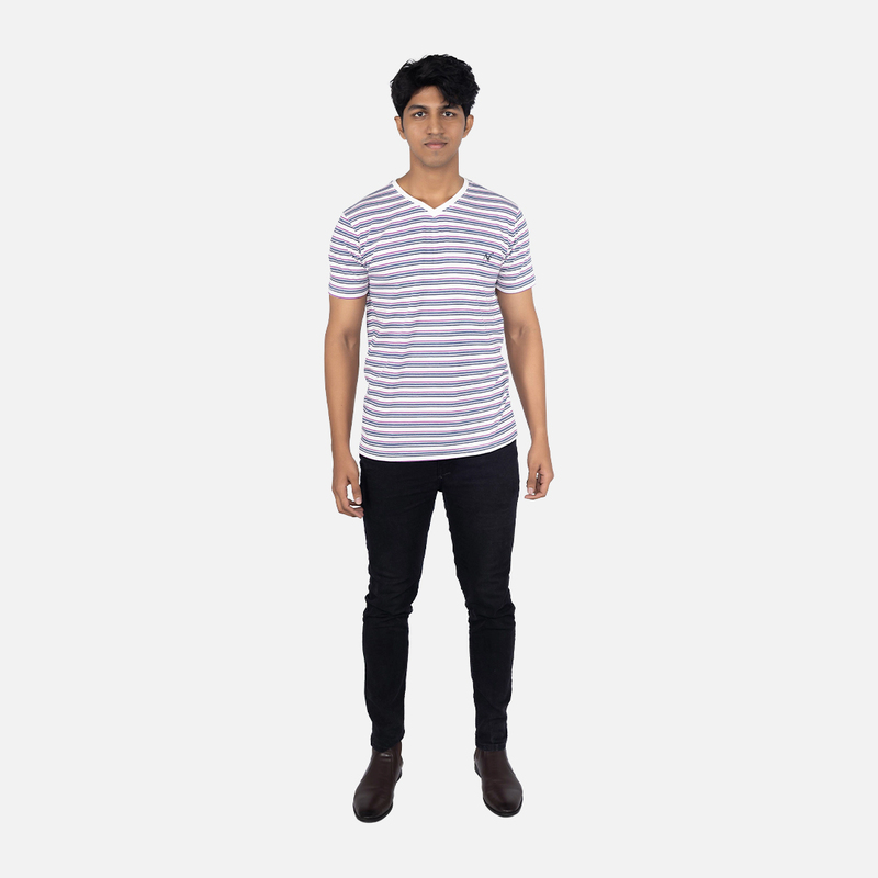 Men Pearl White Multi Stripe V - Neck T-shirt