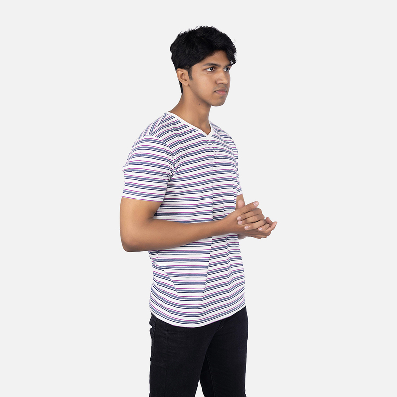 Men Pearl White Multi Stripe V - Neck T-shirt