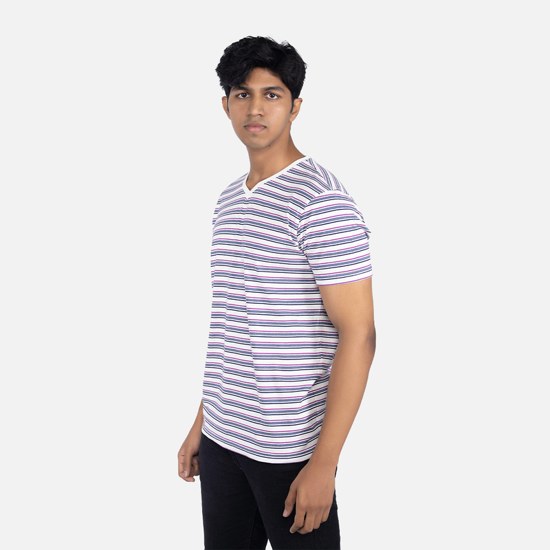 Men Pearl White Multi Stripe V - Neck T-shirt