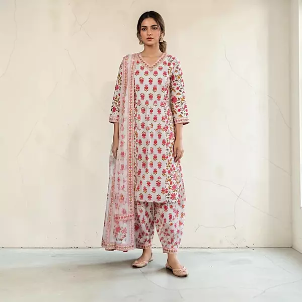 Cotton Salwar Suit Set with Floral Print and Dupatta | 3-Piece Set, Patiyala Style