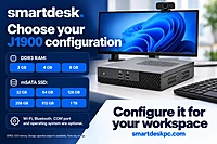 SmartDesk Basic J1900 Mini PC configuration options — DDR3L RAM, mSATA SSD, Wi-Fi, COM port