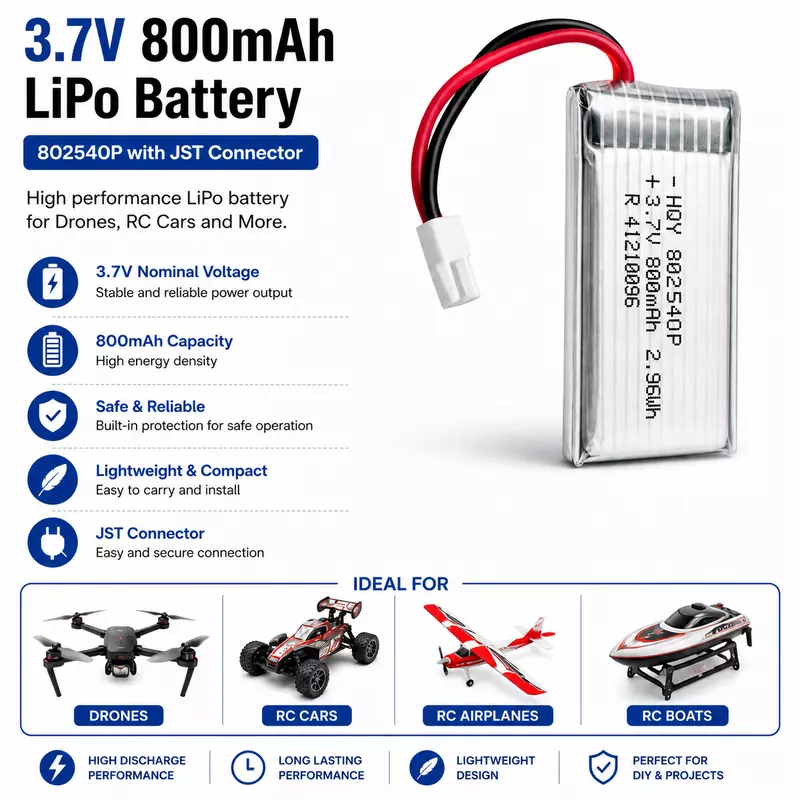 3.7V 800mAh Li-Po Battery Rechargeable Battery