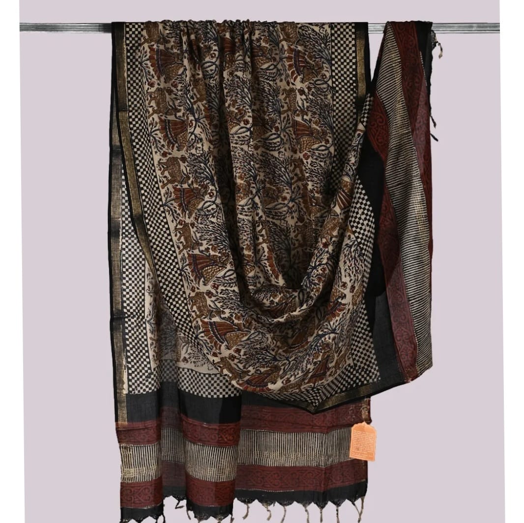 Cotton Block Print Dupatta Zari Border #3