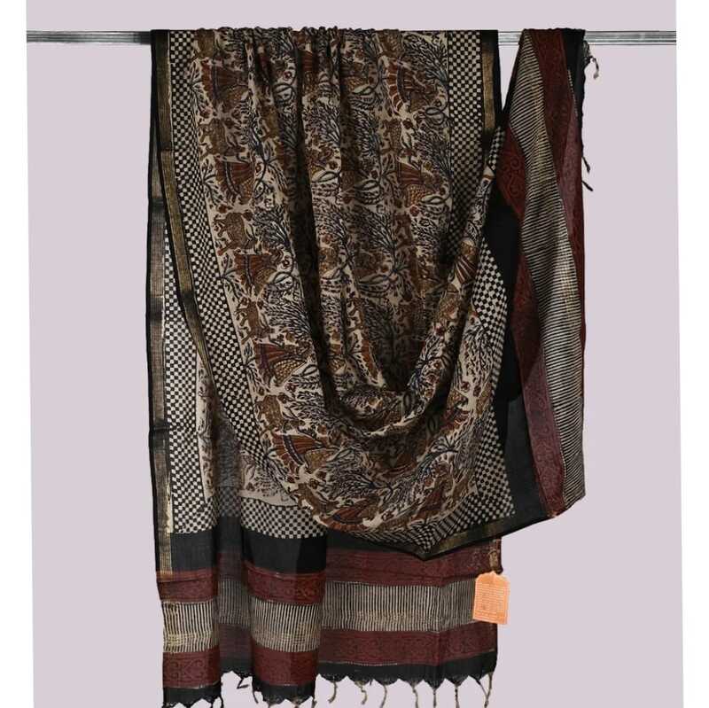 Cotton Block Print Dupatta Zari Border #3