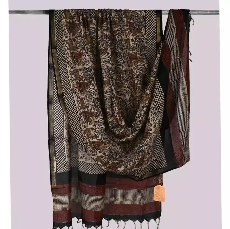 Cotton Block Print Dupatta Zari Border #3