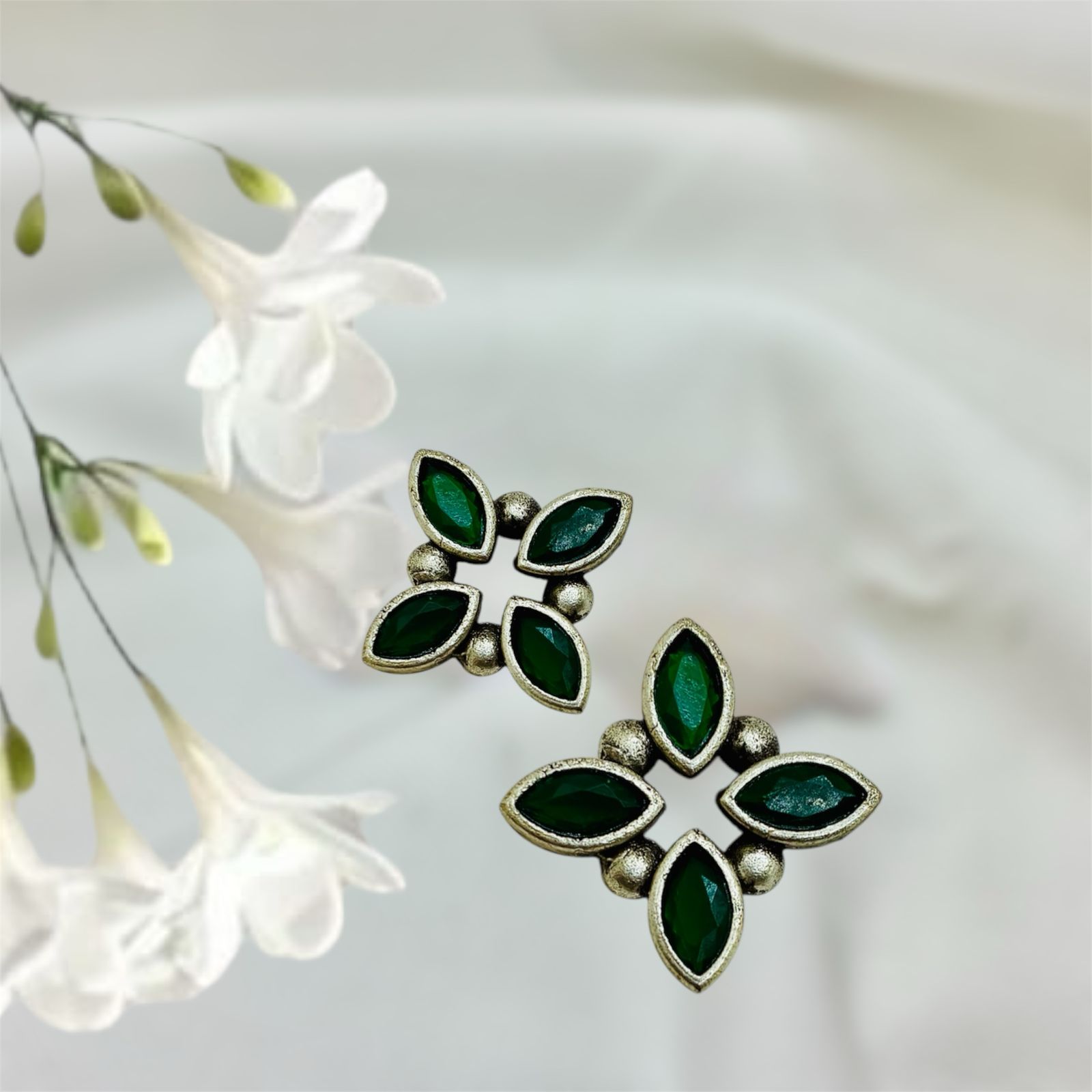 Silver plated Brass Earrings (Green) #3