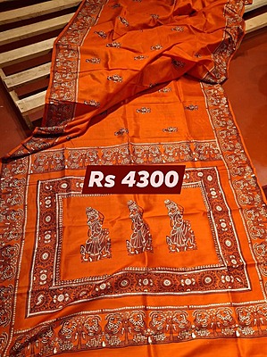 Orange Hand Block Print Pure Katan Silk