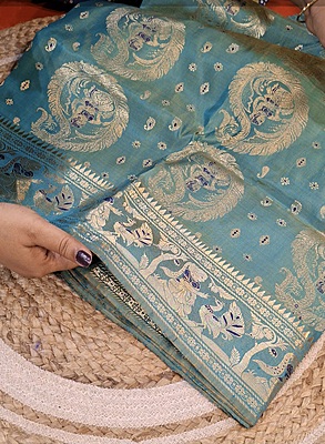 All over work sea green mustard dual tone Swarnachari with golden colour zari All over work sea green mustard dual tone Swarnachari with golden colour zari