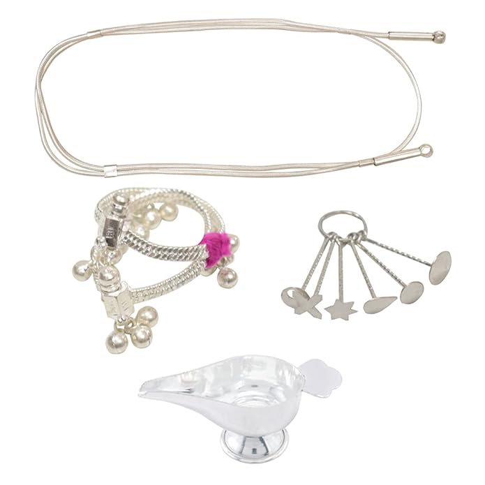 silver gift set for baby(Hip Chain/Arunaal, Anklet/Kolusu, Bindhi/Pottu Kit, Feeder/Paladai)