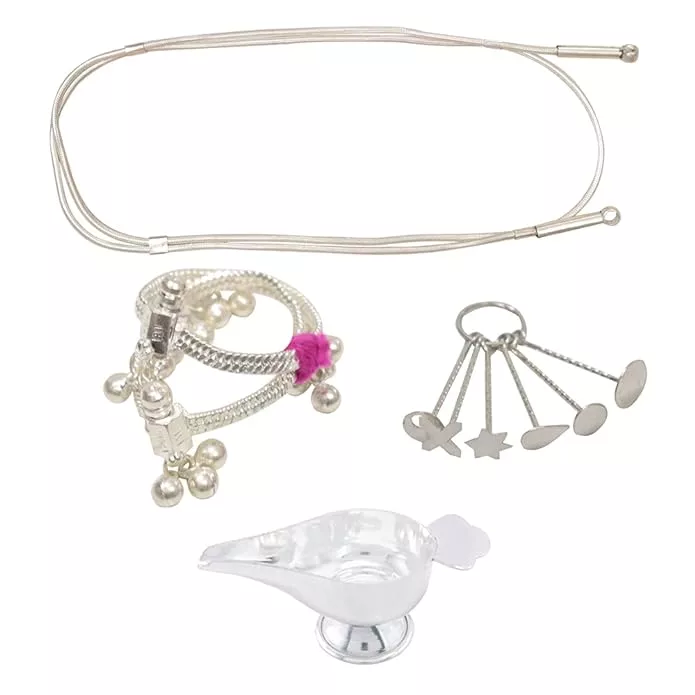 silver gift set for baby(Hip Chain/Arunaal, Anklet/Kolusu, Bindhi/Pottu Kit, Feeder/Paladai)