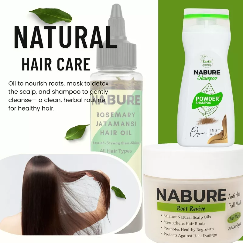 NABURE Root Revive Hair Care Ritual Combo – Hair Mask with Serum, Hair Oil & Powder Shampoo