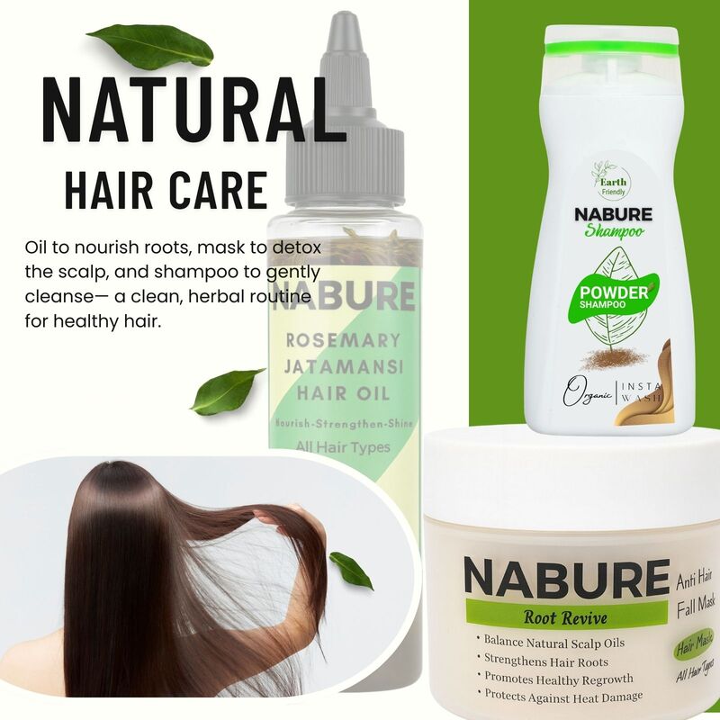 NABURE Root Revive Hair Care Ritual Combo – Hair Mask with Serum, Hair Oil & Powder Shampoo