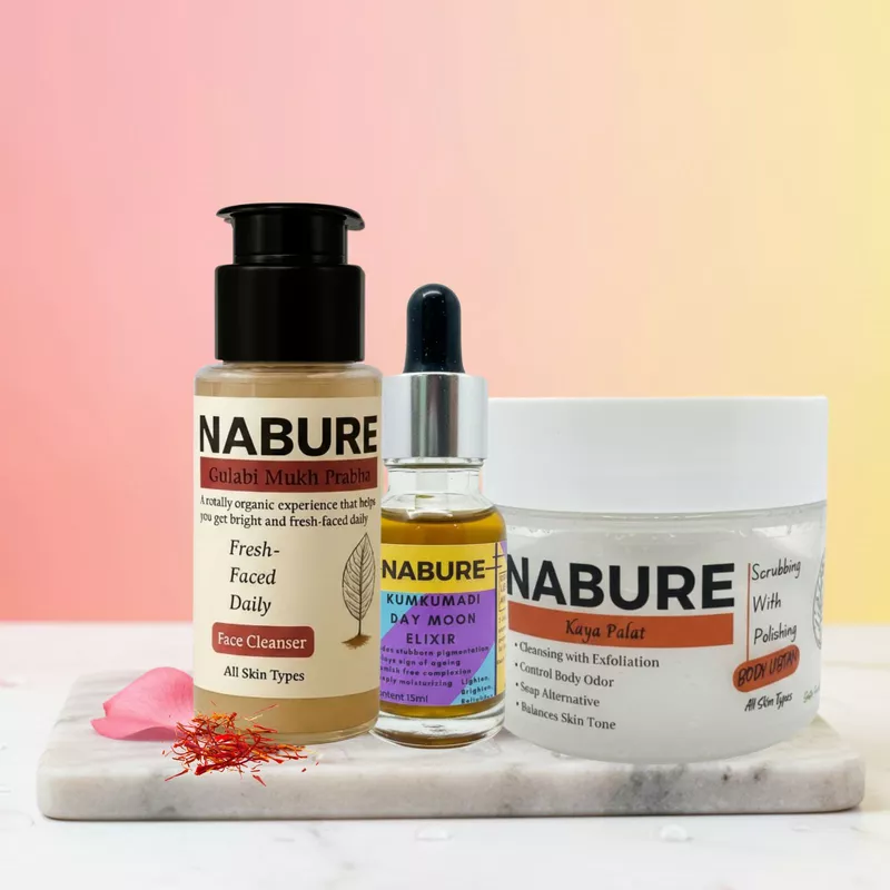 NABURE Natural Glow Combo – Face Cleanser, Body Ubtan & Kumkumadi Elixir
