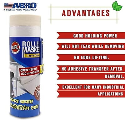 ABRO Roller Masker Tape & Drape Multipurpose Self Adhesive Masking Film Roll Quick Unfolding for Home, Office, Automotive & Industry (Open Height 1.1 M x 15 M)
