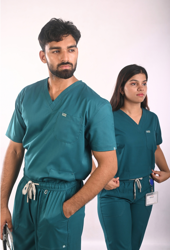 Ksvi Antibacterial Male V-Neck 2 Way Strech Scrub Shirt Pant (Emrald Green) 