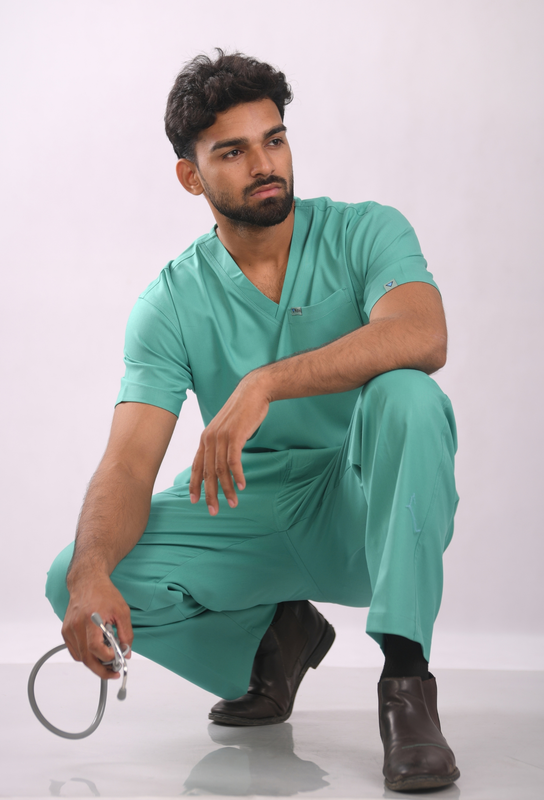 Ksvi Antibacterial Male V-Neck 2 Way Strech Scrub Shirt Pant (Sea Green)