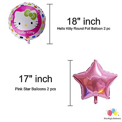 The Magic Balloons Hello Kitty Birthday Party Decoration combo kits –Hello Kitty Birthday Combo Pack of 38 Pcs, foil 5 pcs Set,1 Happy Birthday banner, 2 Foil Curtains,30 Printed Balloons-181454