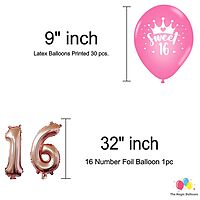 The Magic Balloons-Sweet 16 Balloons combo with printed balloons 30 Sweet 16 printed balloons 5 foils set 16 rose gold foil 2 curtain 1 banner Birthday Decoration/Party Supplies-Pack of 39 pcs