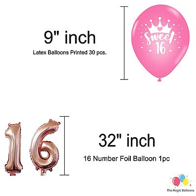 The Magic Balloons-Sweet 16 Balloons combo with printed balloons 30 Sweet 16 printed balloons 5 foils set 16 rose gold foil 2 curtain 1 banner Birthday Decoration/Party Supplies-Pack of 39 pcs