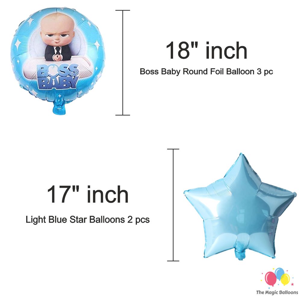 The Magic Balloons Store- Boss Baby Birthday Party Decoration combo kits –Boss Baby Birthday Combo Pack of 38 Pcs, foil Balloons 5 pcs Set,1 Happy Birthday banner, 2 Foil Curtains,30 Balloons-181470