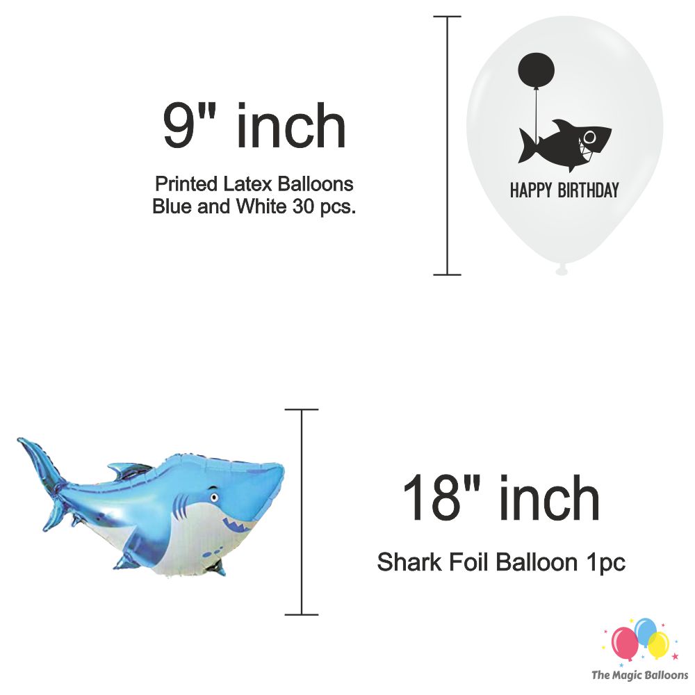 The Magic Balloons Store – Printed Shark Theme Birthday Party Decoration combo kits – Shark Theme Birthday Combo 38 Pcs, foil 5 pcs Set,1 Happy Birthday banner, 2 Foil Curtains, 30 Balloons-181551