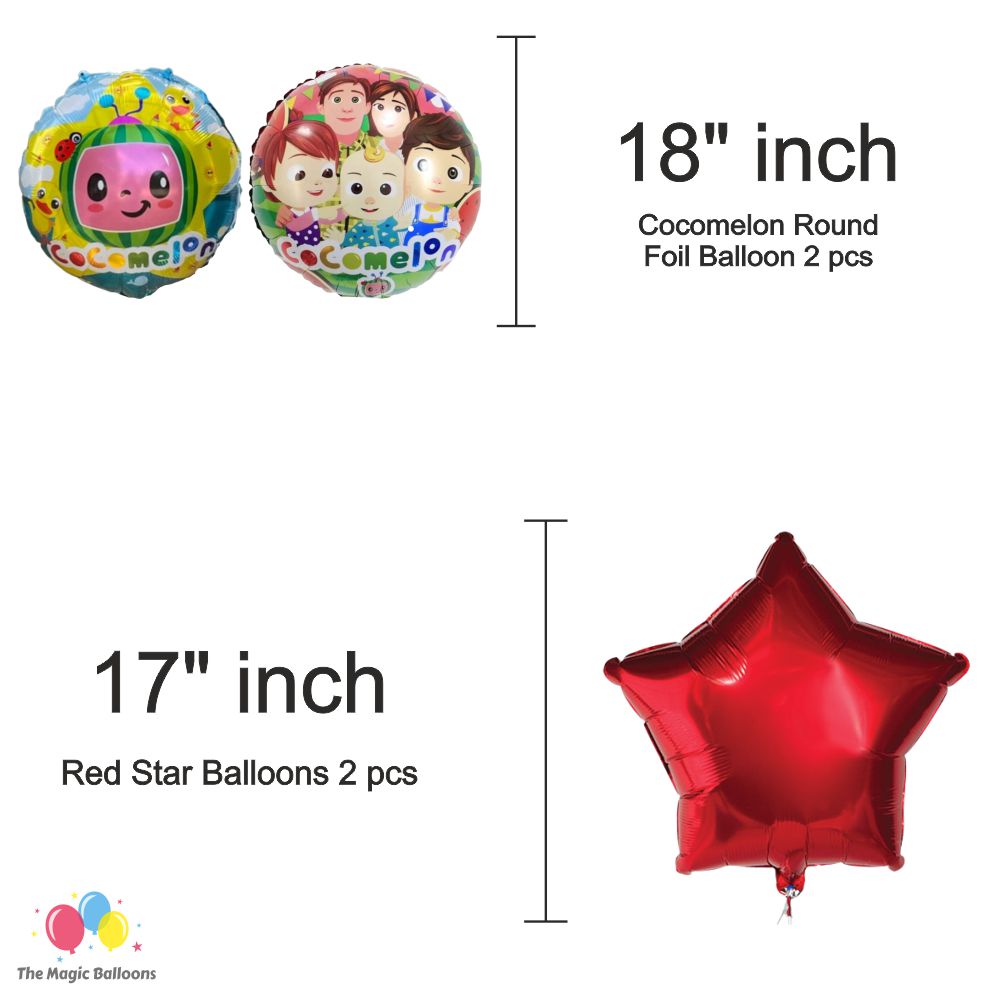The Magic Balloons Store – Printed Cocomelon Birthday Party Decoration combo kits – Cocomelon Birthday Combo Pack of 38 Pcs, foil 5 pcs Set,1 Happy Birthday banner, 2 Foil Curtains,30 Balloons-181547