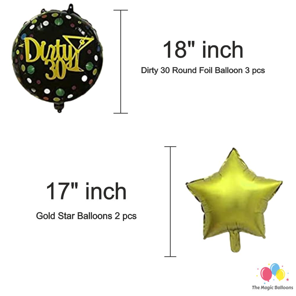 The Magic Balloons Store – Printed Dirty 30 Birthday Party Decoration combo kits – Dirty 30 Birthday Combo Pack of 38 Pcs, foil 5 pcs Set,1 Happy Birthday banner, 2 Foil Curtains,30 Balloons-181550