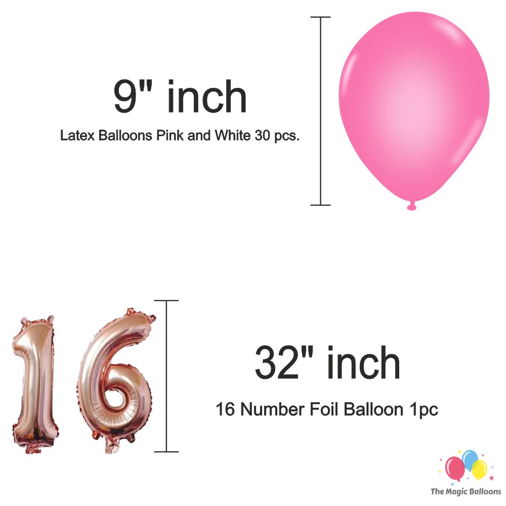 The Magic Balloons-Sweet 16 Balloons combo with pink/white balloons for décor 30 latex balloons 5 foils set 16 rose gold foil 2 curtain 1banner Birthday Decoration/Party Supplies -Pack of 39 pcs