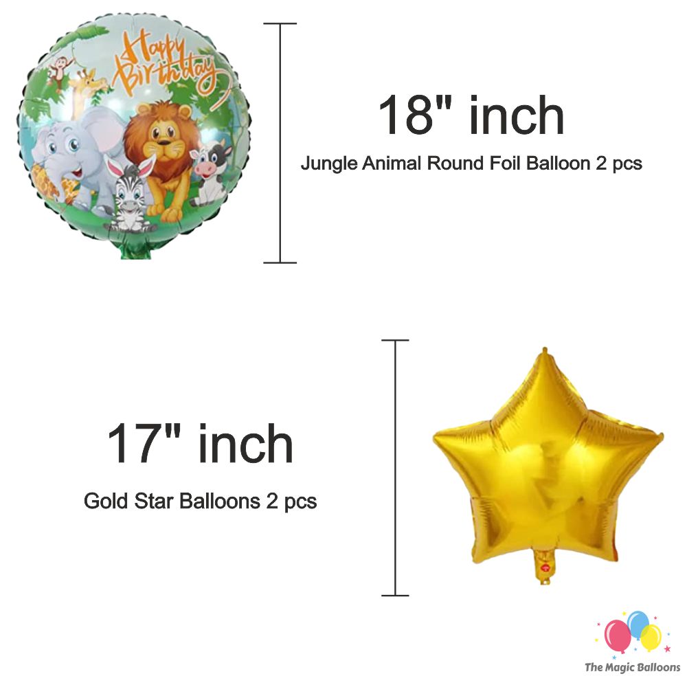 The Magic Balloons Store – Jungle Theme Party Decoration combo kits – Birthday Party Decoration Combo 38 Pcs, foil 5 pcs Set,1 Happy Birthday banner, 2 Foil Curtains, 30 Balloons-181591