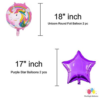 The Magic Balloons- Printed Unicorn Theme Party Decoration Combo Kit for Theme Party, Happy Birthday Decoration Combo 38 pcs, Foil 5 pcs set, 2 Foil Curtain 1 Banner and 30 Balloons- 181573