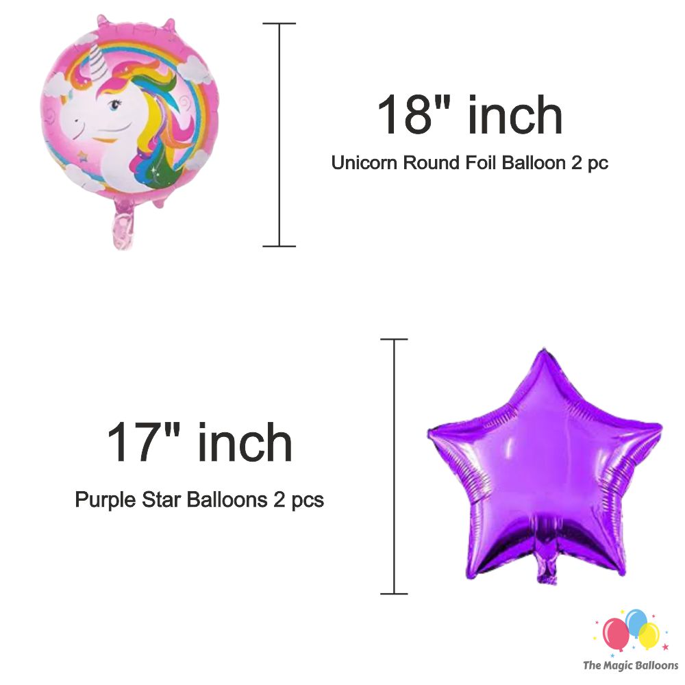 The Magic Balloons Store- Unicorn Theme Party Decoration Combo Kit for Theme Party, Birthday, House Party Decoration Combo 38 pcs, Foil 5 pcs set, 2 Foil Curtain 1 Banner and 30 Balloons- 181570