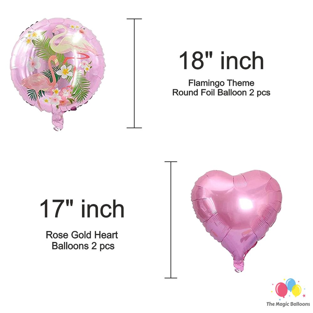 The Magic Balloons- Flamingo Theme Party Decoration Combo Kit for Theme Party, Birthday, House Party Decoration Combo 38 pcs, Foil 5 pcs set, 2 Foil Curtain 1 Banner and 30 Balloons- 181571