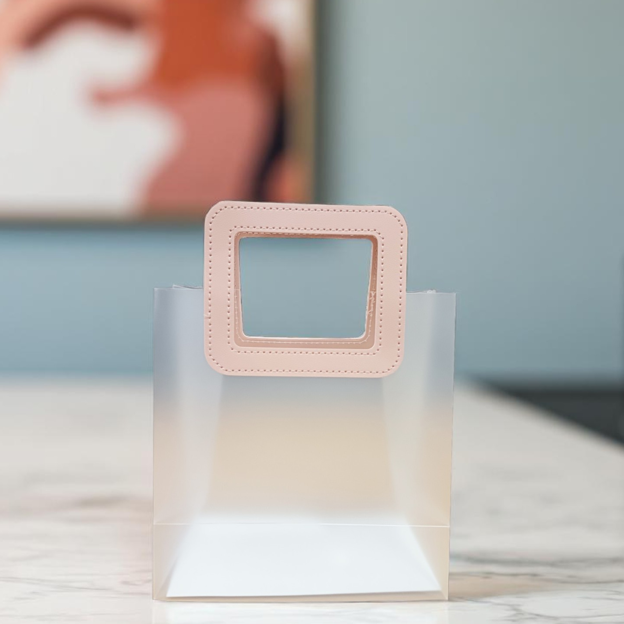 6 Pcs Small Transparent Gift Bags with Square Pink Handle Reusable | Party, Wedding, Return Gift, Hamper Packaging