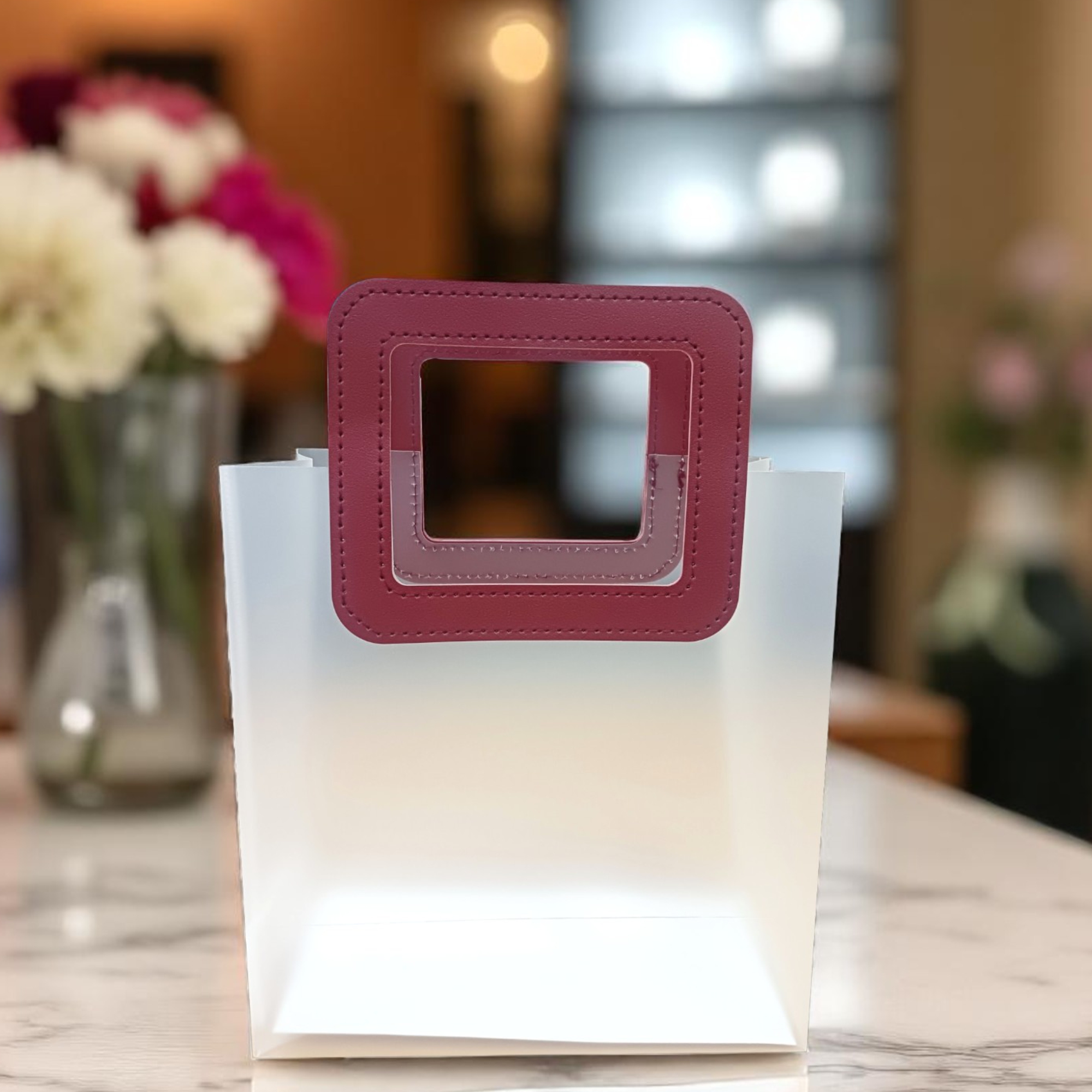 Set Of 6pcs Small Transparent Gift Bag with Square Maroon Handle | Stylish Reusable Bag for Wedding Return Gifts, Hampers, Party Favors, and Gifting