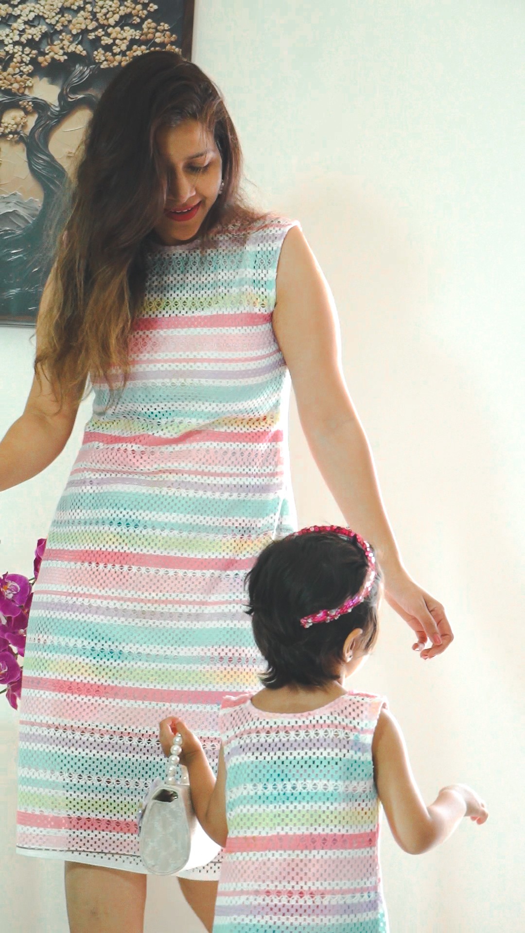Pastel Harmony Mother-Daughter Dress Set with Soft Striped Elegance