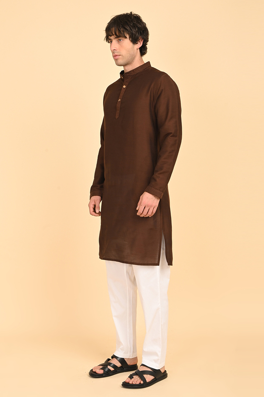 Men Ethnic Embroidered Long Kurta - Brown