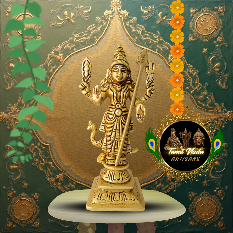 Pure Brass Lord Murugan Idol | Handcrafted by Tamil Nadu Artisans | Traditional Pooja Murti | Home Temple & Spiritual Décor – 708 g
