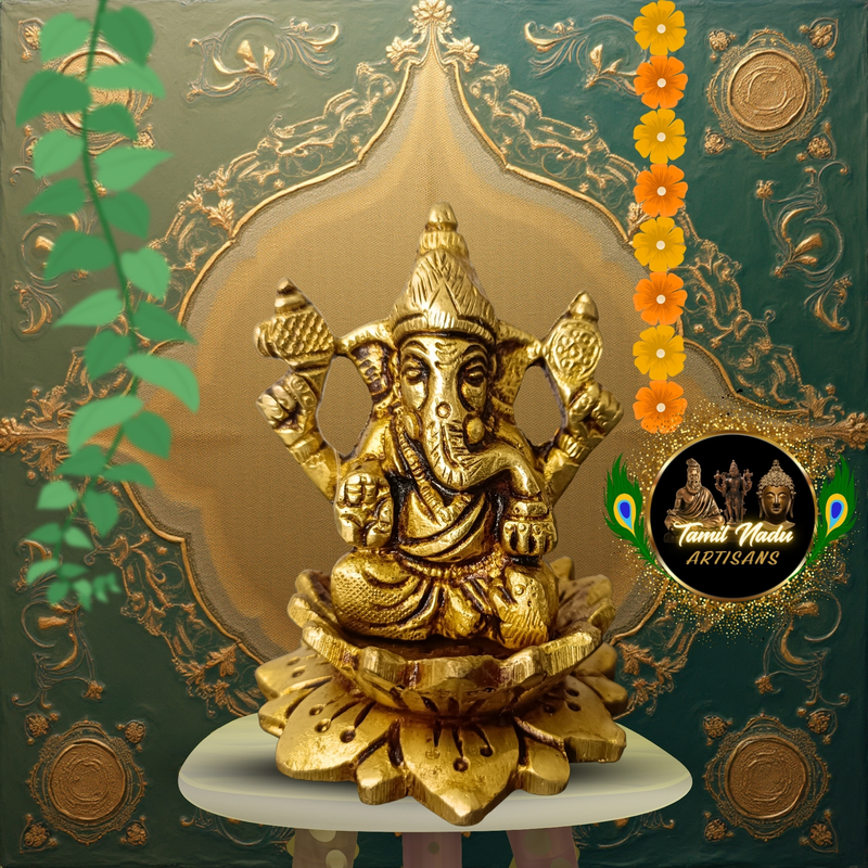 Pure Brass Vinayagar on Lotus Base (Big) | Handcrafted by Tamil Nadu Artisans | Auspicious Pooja Murti – 265 g