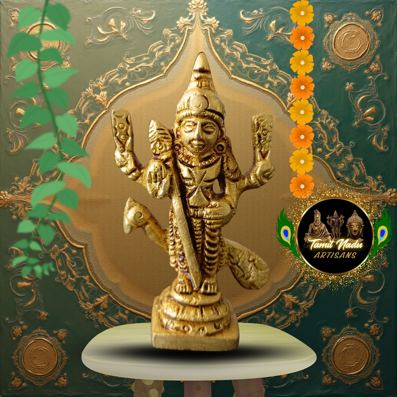 Pure Brass Murugan with Peacock Idol Medium Size, Hand Crafted by Tamil Nadu Artisans, Handmade Hindu Pooja Statue 141 gram