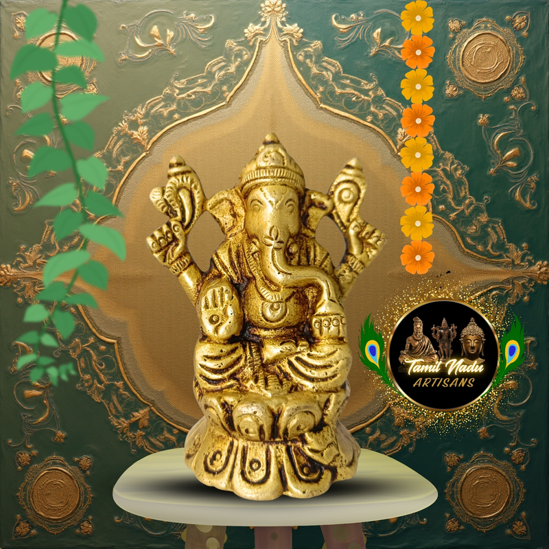 Pure Brass Lotus Base Vinayagar Idol (Compact) | Handcrafted by Tamil Nadu Artisans | Daily Pooja & Gift – 202 g