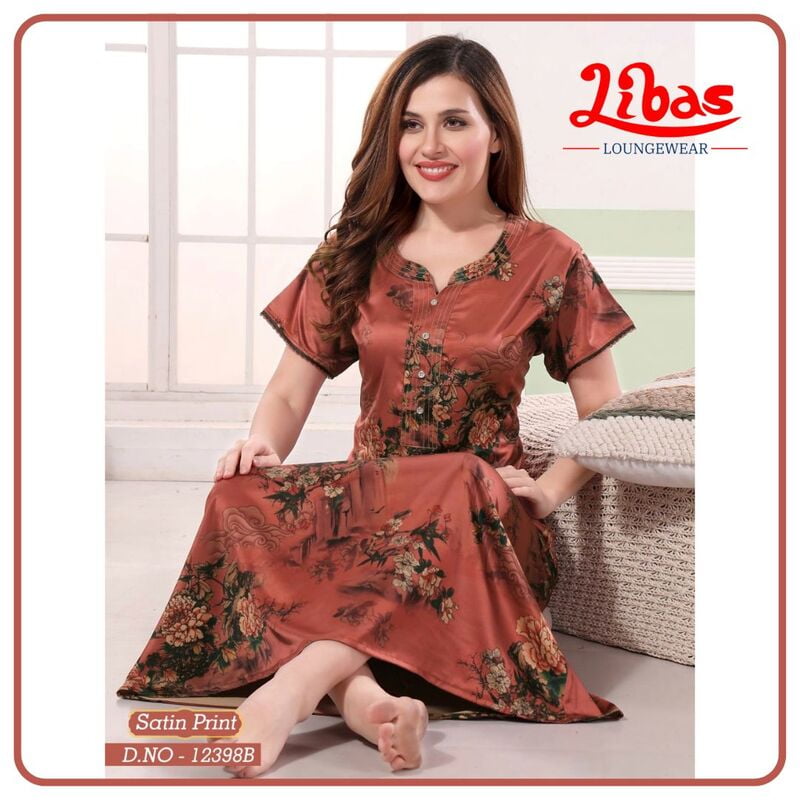 Apple Blossom Premium Satin Nighty With Floral Print All Over From Libas Loungewear - ST086 Apple Blossom Premium Satin Nighty With Floral Print All Over From Libas Loungewear - ST086