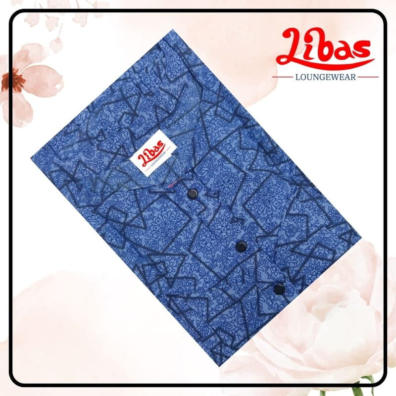 Blue Soft Cotton Nighty With Geometric Design All Over From Libas Loungewear - PS493 Blue Soft Cotton Nighty With Geometric Design All Over From Libas Loungewear - PS493