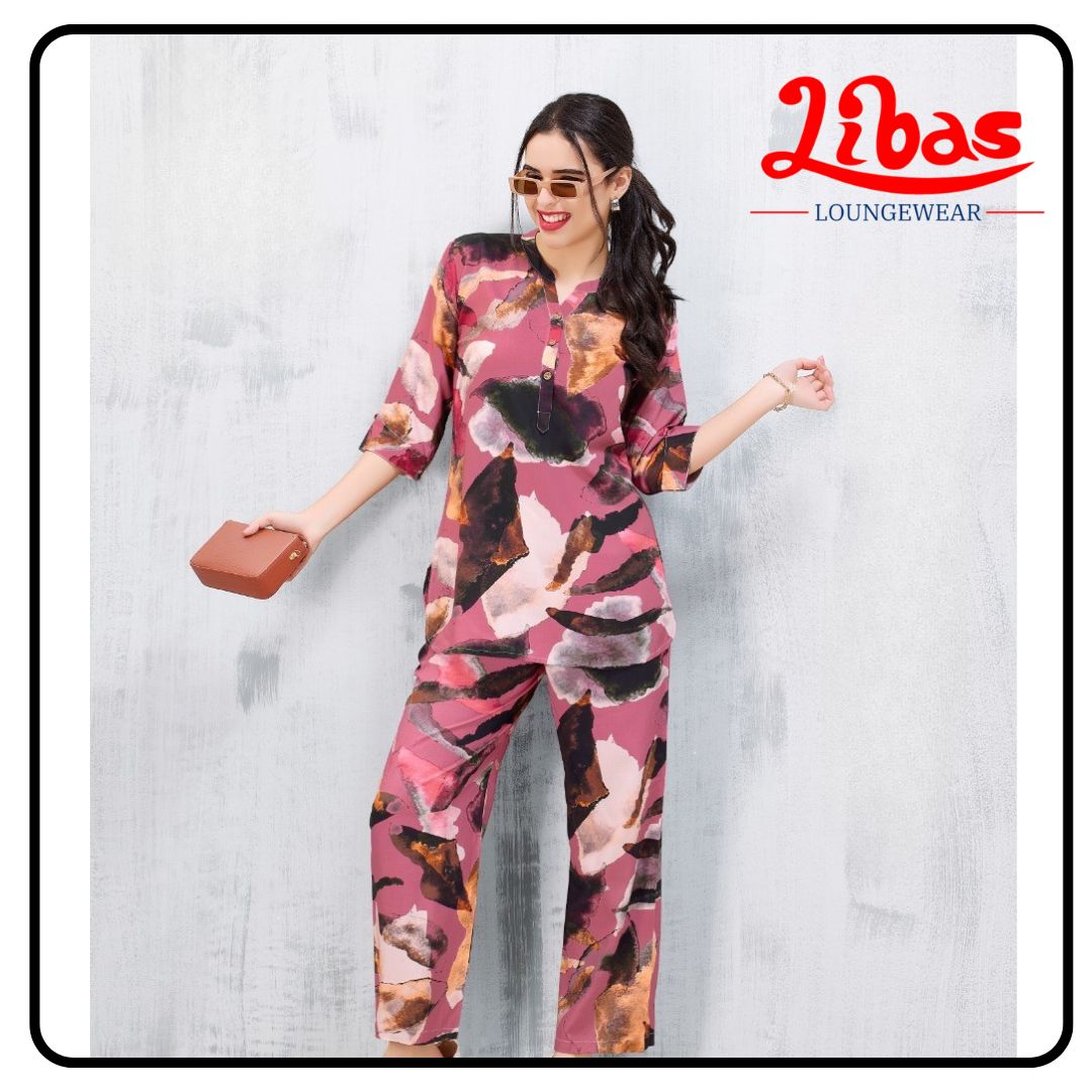 Horsy Pink Geometric Top & Bottom Hosiery Cotton Women Night Suit From Libas Loungewear - FPS144 Horsy Pink Geometric Top & Bottom Hosiery Cotton Women Night Suit From Libas Loungewear - FPS144