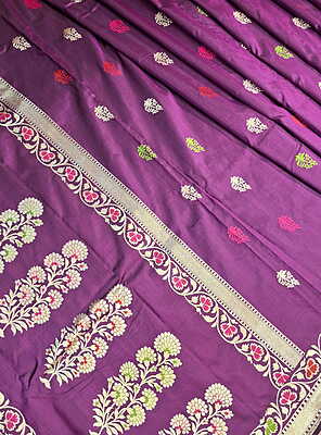 Deep Aubergine Kadwa Banarasi Saree in Pure Katan Silk with Zari, Meenakari & Kadwa Buta Border