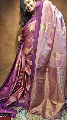 Pink Semi Silk Banarasi Saree with Purple Border & Gold Zari Buta