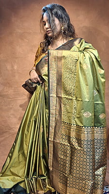 Olive Green Semi Silk Banarasi Saree with Dark Green Border & Gold Zari Buta
