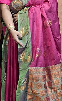Magenta Semi Silk Banarasi Saree with Pista Green Border & Gold Zari Buta Magenta Semi Silk Banarasi Saree with Pista Green Border & Gold Zari Buta