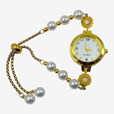 Gold Pearl Bracelet Watch - Elegant Floral Quartz Timepiece